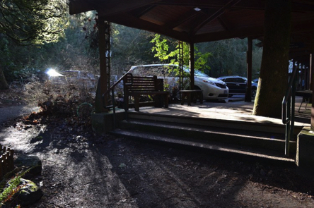 Bench, stairs and natural surface trail in front of the Wildlife Care Center