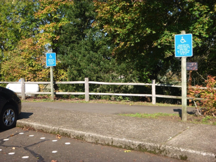 Two accessible parking spaces at the visitor center &ndash; start of trail to day use areas and campground