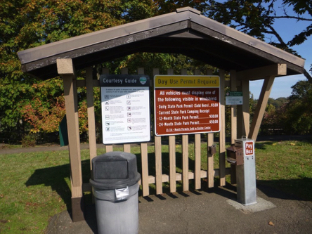 Informational kiosk at visitor center &ndash; pay station for day use permit &ndash; courtesy guide rules &ndash; garbage can