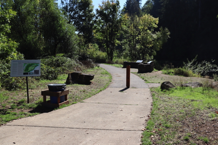 Trailhead from parking lot &ndash; Interpretive display about the Willamette meteorite &ndash; trash can