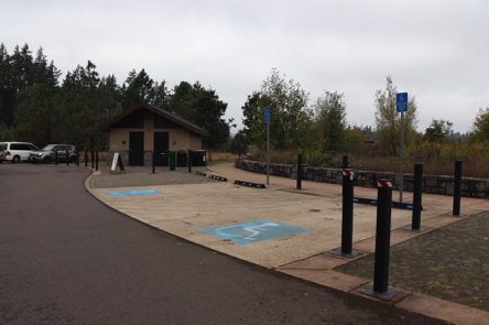 Two accessible parking spaces next to restrooms