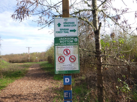 Informational sign shows no hunting, bikes, dogs &ndash; directions to Kingfisher Marsh Loop and Riparian Forest Trail