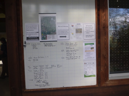 Information board at education center &ndash; dry board to record the birds and animals people see &ndash; announcements