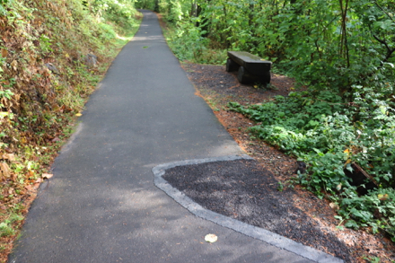 Wooden bench on natural surface &mdash; hard surface trail has been patched