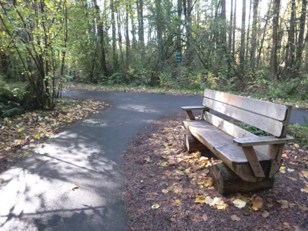 Bench off paved trail on natural surface &mdash; junction with directional signage