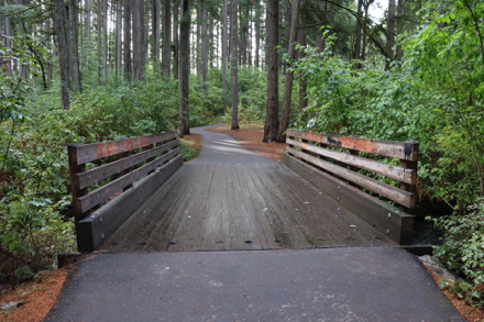 Wooden bridge with smooth transition from paved trail crosses Johnston Creek