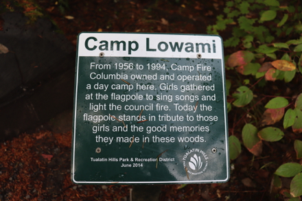 Sign tributes Camp Fire Columbia that owned and operated a day camp here