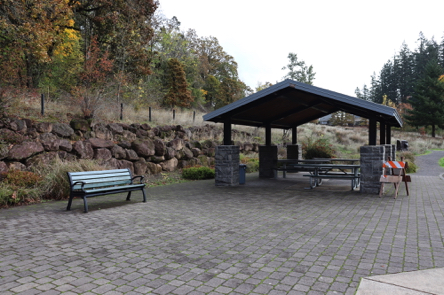 Mather Road picnic tables, shelter and bench &ndash; trailhead to short accessible trail