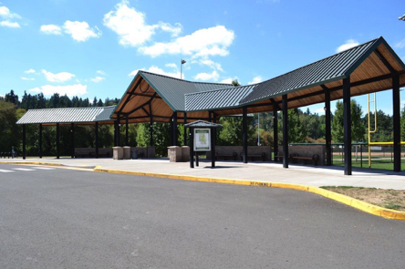 Shelter with benches and park map at entrance to sports fields &ndash; off main parking lot