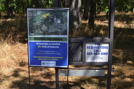 Information for dog owners with map to the off-leash area &ndash; to make reservations in the park call (503) 653-8100
