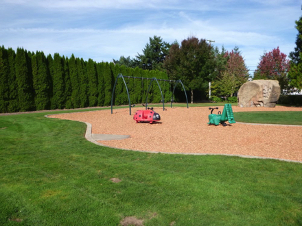 Playground on bark chip surface with access ramp &ndash; surrounded by grass