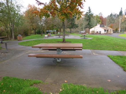 Hard surface paths and under picnic tables &ndash; garbage cans &ndash; covered shelter &ndash; restrooms &ndash; lawn