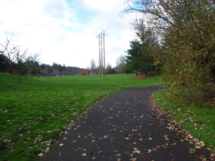 Hard surface path on the Salmon Creek Greenway Trail &ndash; grass on both sides of path