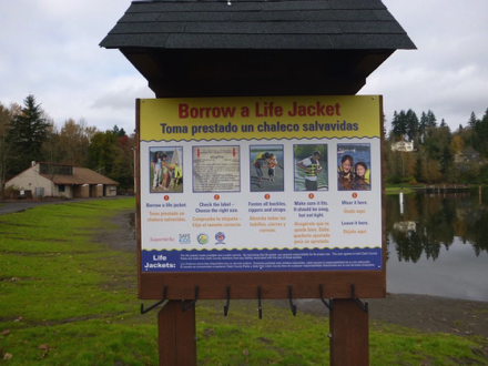 Kiosk at Klineline pond for borrowed life jackets &ndash; roped off area in the summer with lifeguards &ndash; restrooms
