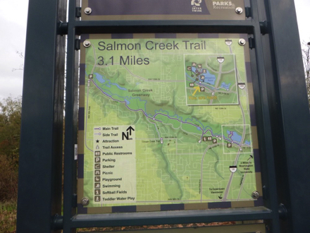 Map of Salmon Creek Greenway Trail &ndash; 3.1 miles one way &ndash; amenities posted on sign