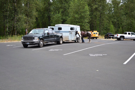 Horse trailer in parking lot
