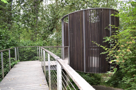 Boardwalk with edge protection then handrails leading to bird blind