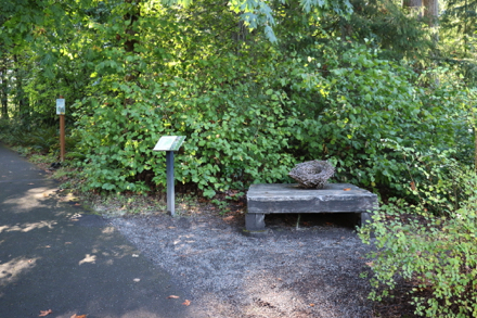Tactile art and seat near main parking lot &ndash; trail map &ndash; signage about &ldquo;stowaway seeds&rdquo;