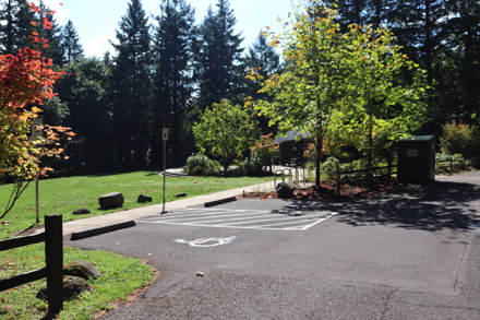 Picnic shelter and tables on cement &ndash; off natural surface Lava Dome Trail &ndash; two accessible parking spaces