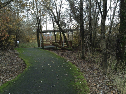 Paved Interlakes Trail ends at Bybee Lake covered viewpoint