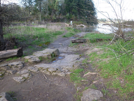 Many boulders across the path leading to the river &ndash; unmaintained