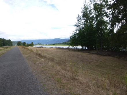 Wide gravel trail on the dike &ndash; bikes, dogs and horses are allowed &ndash; view of Columbia River