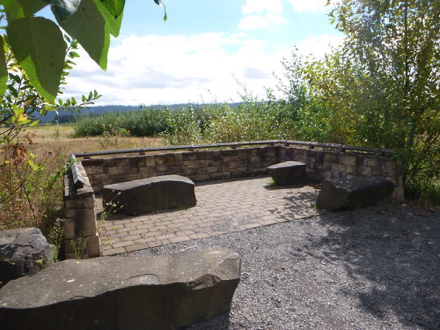 One of several seating areas &ndash; transition from gravel to brick &ndash; view of Mt Hood and Crown Point