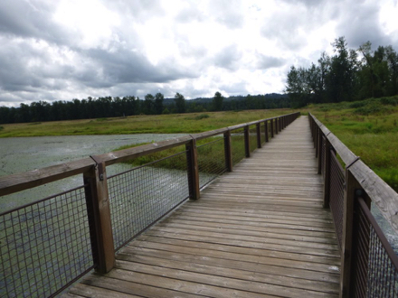 Wooden bridge with railing over the lake &ndash; may be slick when wet &ndash;  transition from trail to bridge may have lip