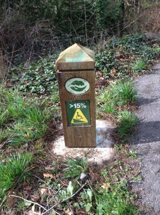 Marker at the compacted gravel trailhead indicates 
> 15% grade