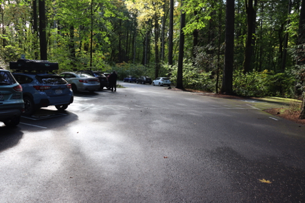 Main parking lot with three accessible parking spaces &ndash; crosswalk &ndash; curbside parking