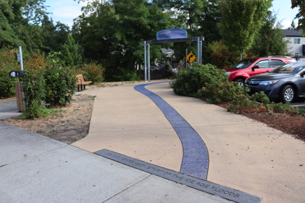 Start of trail - blue line represents the Tualatin River - sign on ground - 18,000 years - start of the Ice Age Floods