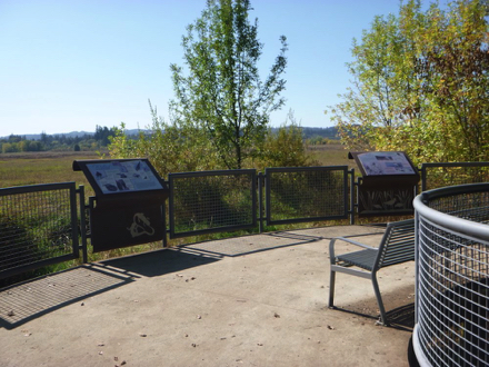 Wetland Observation Deck overlooking wetland - see-through metal railing - metal benches - interpretive displays
